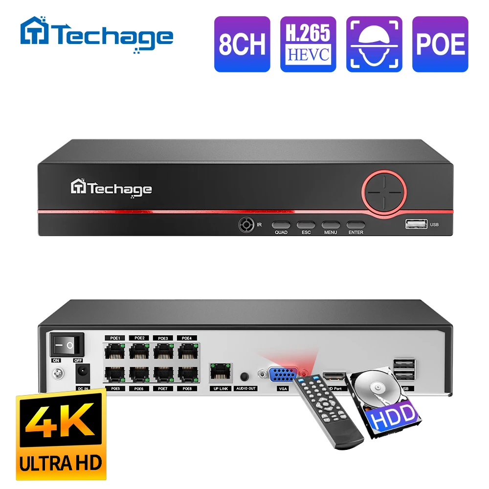 Home Security With Camera - Techage H.265 8CH PoE Gravador de